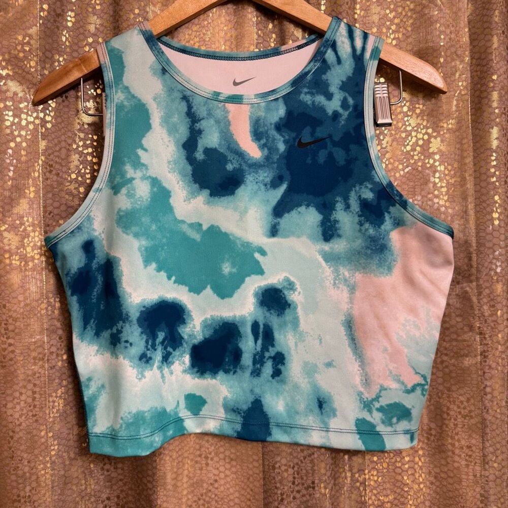 Nike Fast Tie-Dye Blue Beige Cropped Dri-Fit Gym Athletic Tank Women's Large